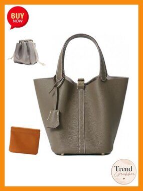 Genuine Leather Bucket Bag Top-Handle Satchel Handbag with Lock